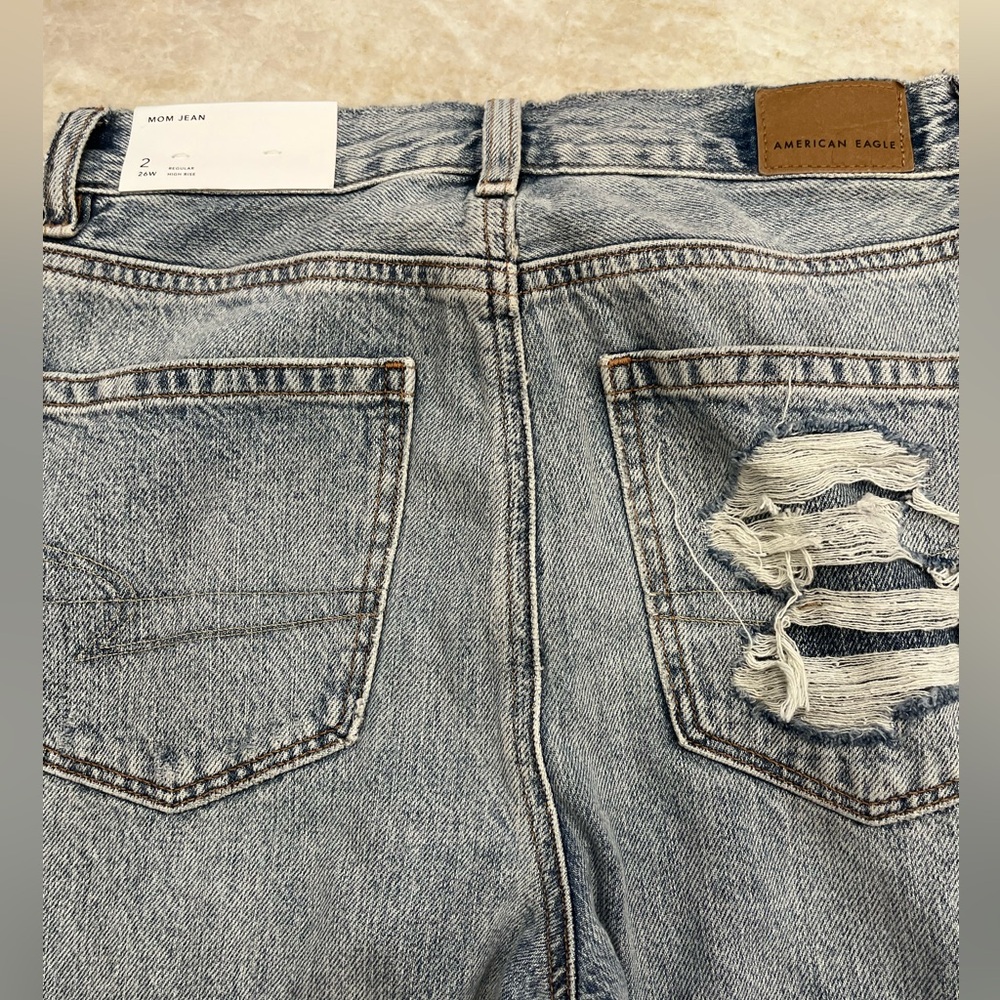 NEW American Eagle High Rise Mom Jeans Distressed Blown Out Blue 100% Cotton 2 - Picture 8 of 12